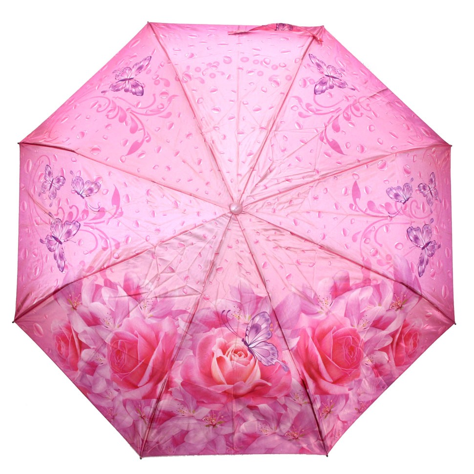 DINIYA зонт женский роза, 3 сложения, суперавтомат, сатин, купол 104 см. 901-04