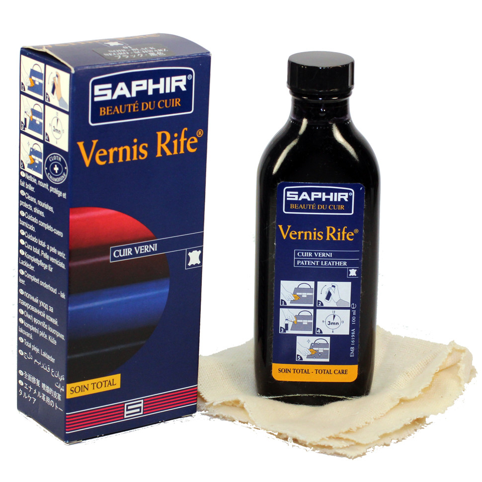 Полироль для лаковых кож Vernis Rife SAPHIR, стеклянный флакон и полировочная салфетка, 100 мл.
