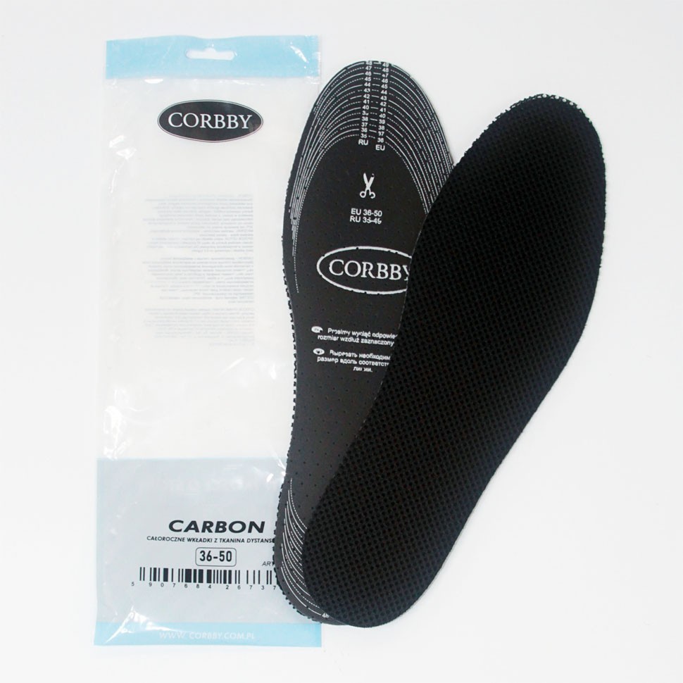 Демисезонные стельки CORBBY Carbon XL с мембранной тканью, безразмерные 36-50 EU