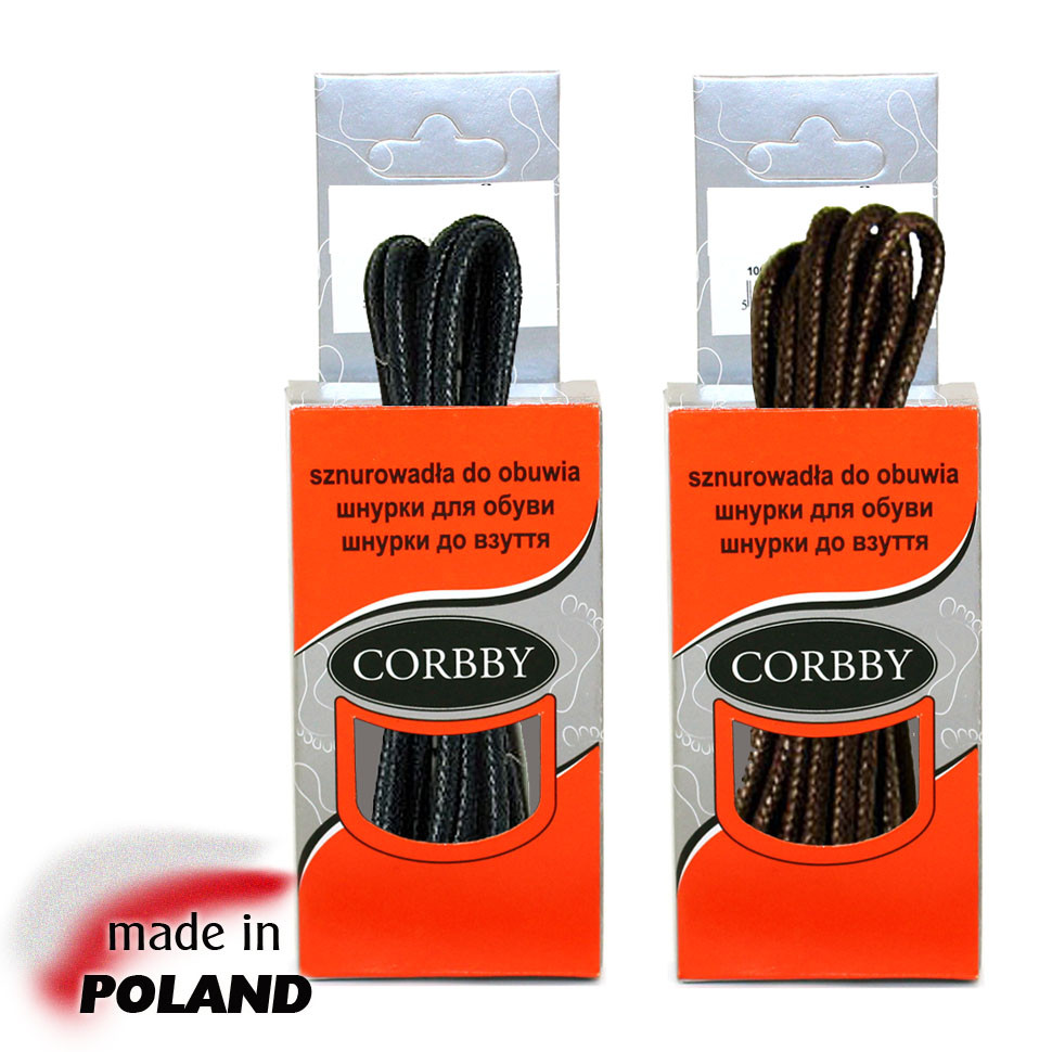 CORBBY Шнурки 150см круглые тонкие с пропиткой черные, коричневые.