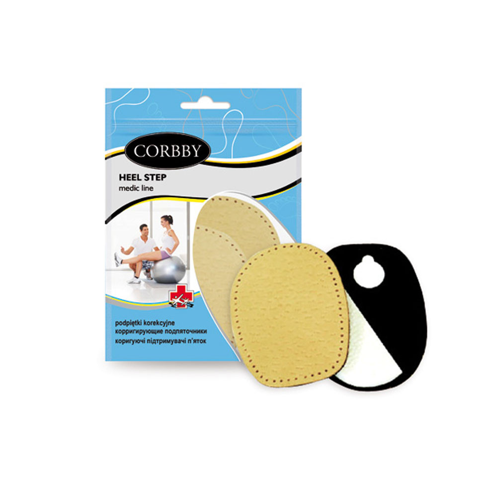 Подпяточник CORBBY HEEL Step, корректирующий, из натуральной кожи, пенолатекса и клиновидной вставкой.